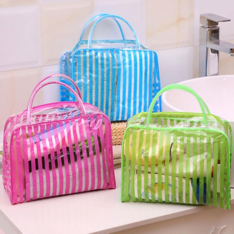 Waterproof PVC Travel Makeup Organizer Toiletry Bag Striped Design Cosmetic Storage Pouch - Image 5